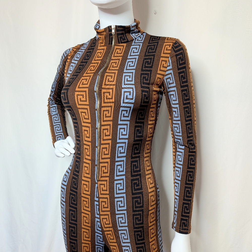 Greek Key Pattern Brown & Light Blue Half Zip Mock Neck Long Sleeve Jumpsuit - Picture 7 of 11